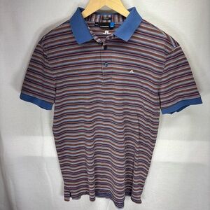 J Lindeberg Slim Fit‎ Striped Polo Shirt Men L Blue Orange Brown Golf Casual